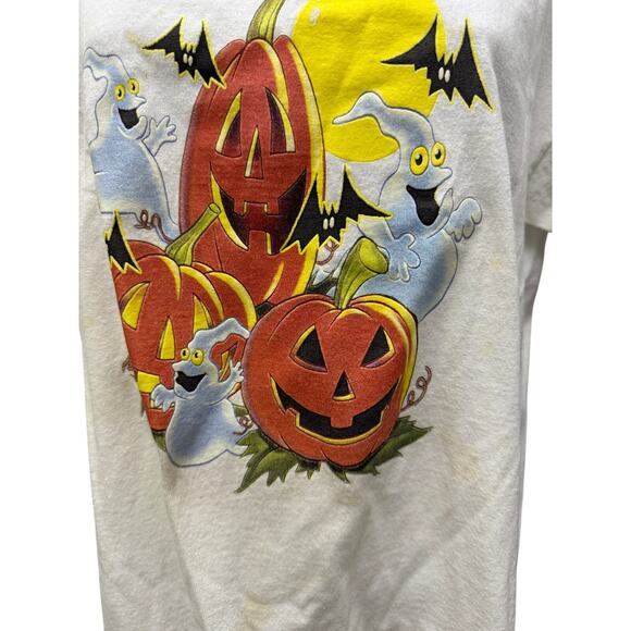 2 VTG 90's Halloween T Shirts SZ L South Point Black Cat Jack O Lantern Bat FLAW - Picture 3 of 12